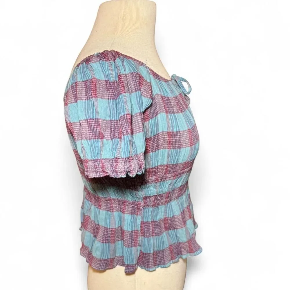 Free People smocked off shoulder plaid peplum peasant top with tie front Sz XS
